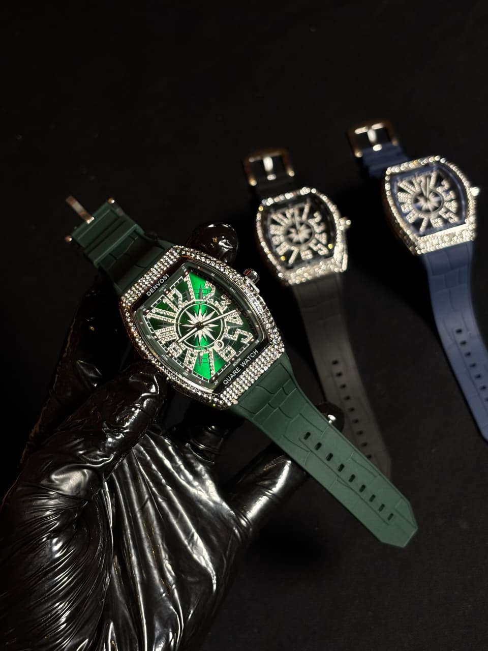 Luxury Diamond Bezel Square Watch - Green